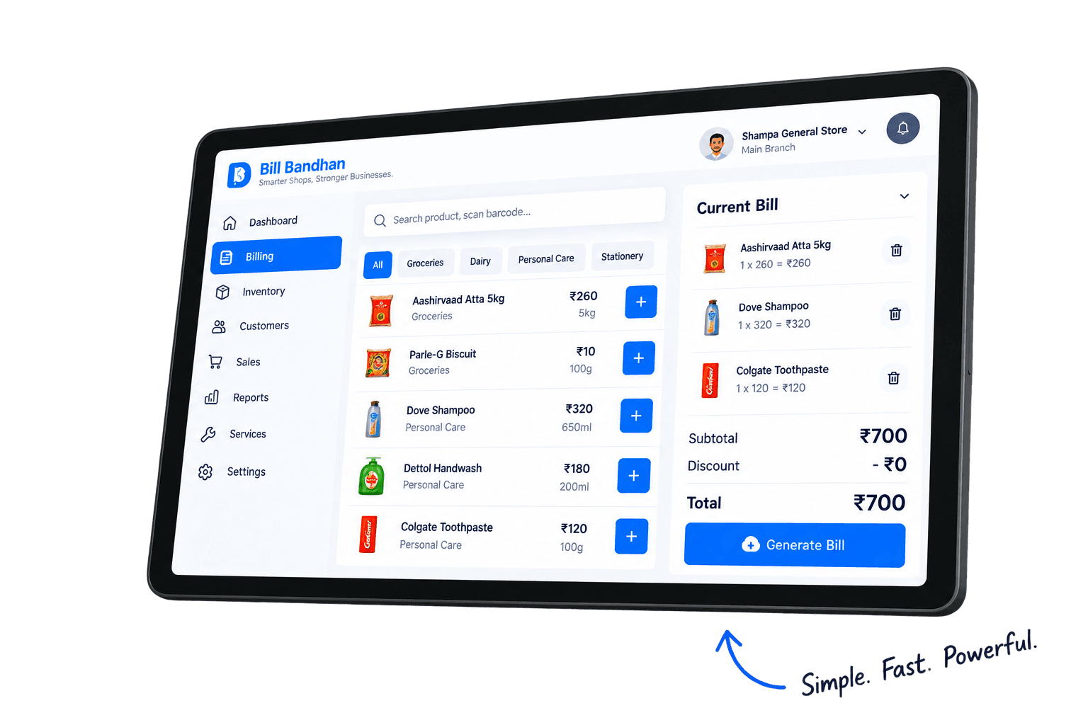 Bill Bandhan billing screen on a tablet