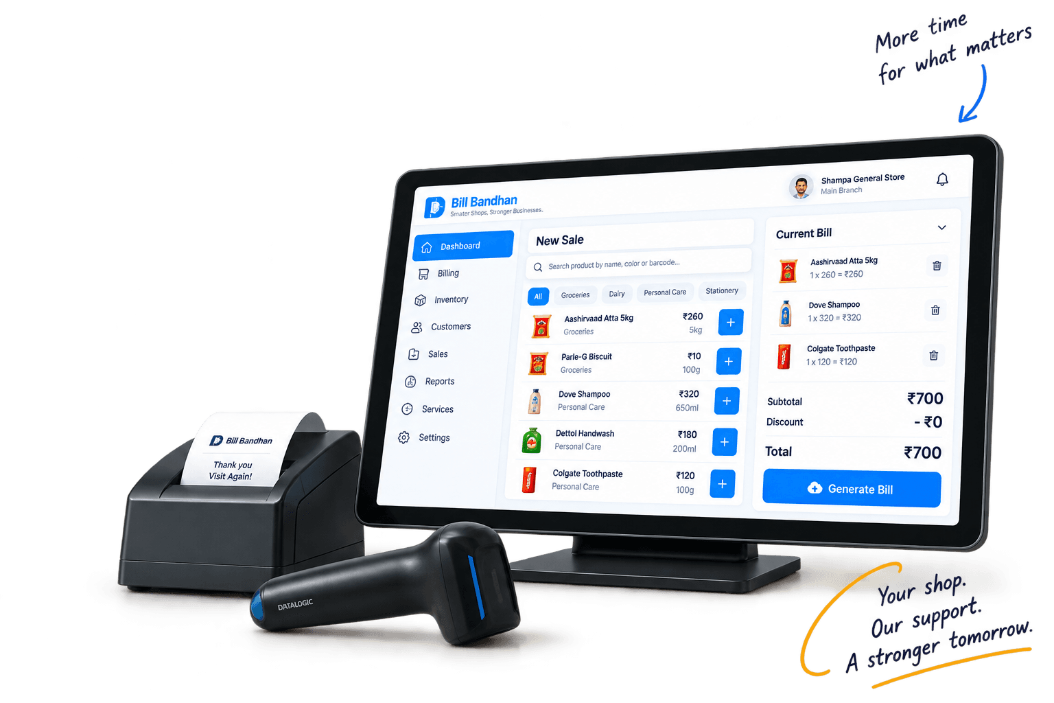 Bill Bandhan running on a retail counter with a receipt printer and barcode scanner